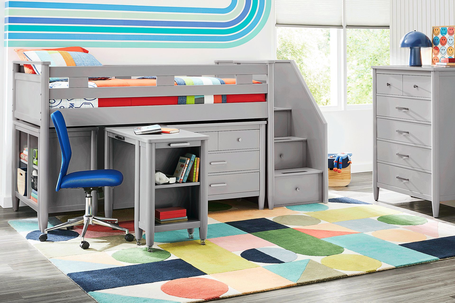 Kids Modern Colors Light Gray Full Step Loft with Loft Chest and Desk - Image 2