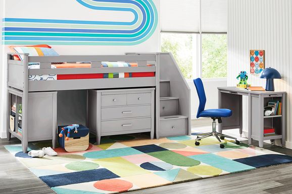 Kids Modern Colors Light Gray Full Step Loft with Loft Chest, Bookcase and Desk