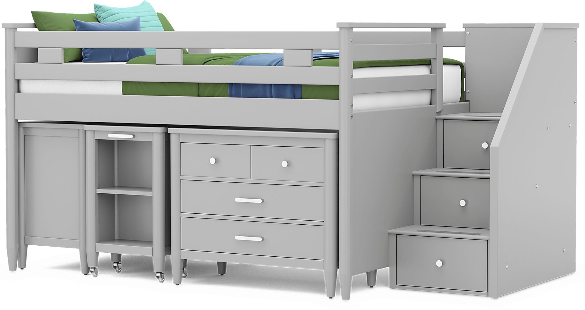 Kids Modern Colors Light Gray Full Step Loft with Loft Chest, Bookcase and Desk - Image 4