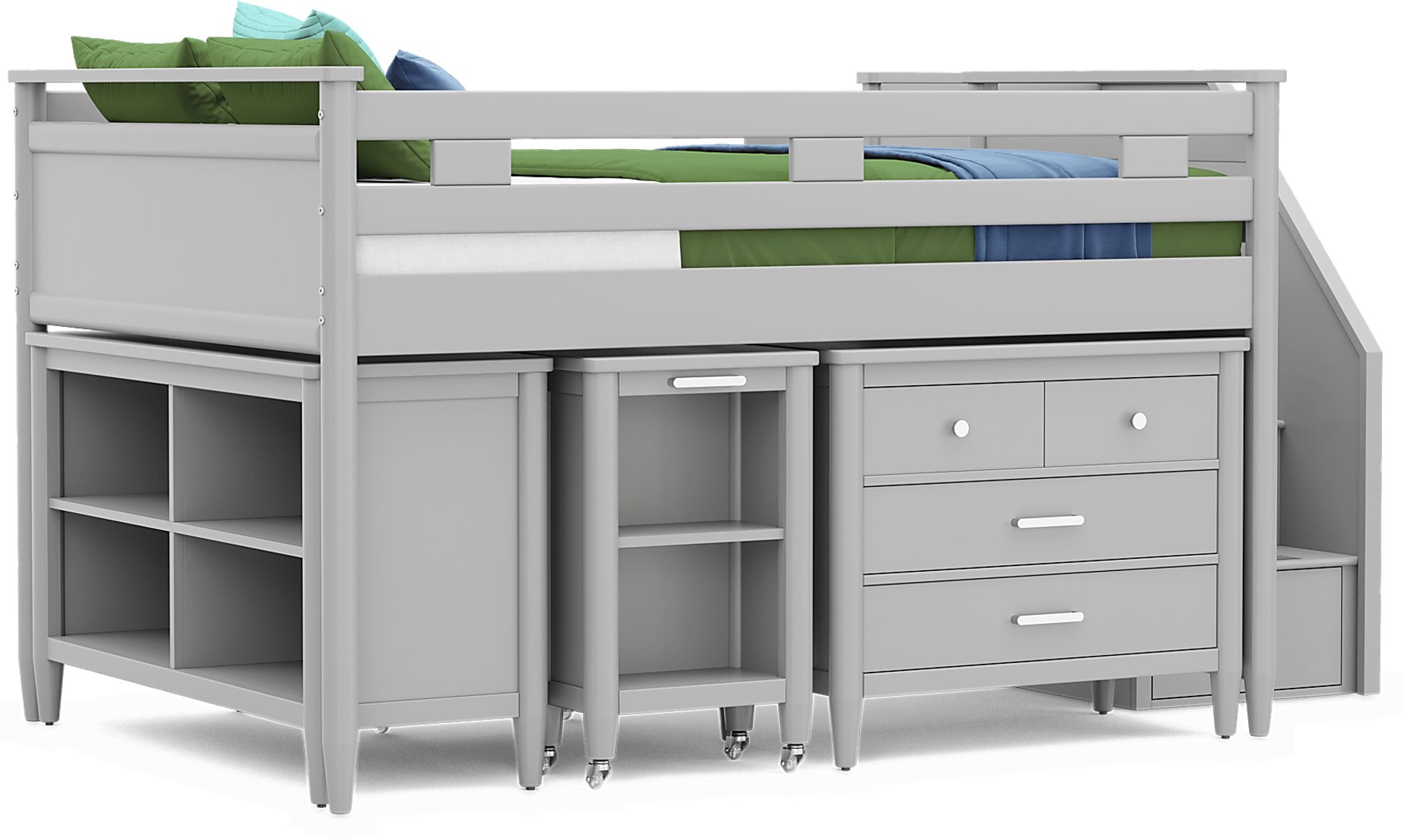 Kids Modern Colors Light Gray Full Step Loft with Loft Chest, Bookcase and Desk - Image 1
