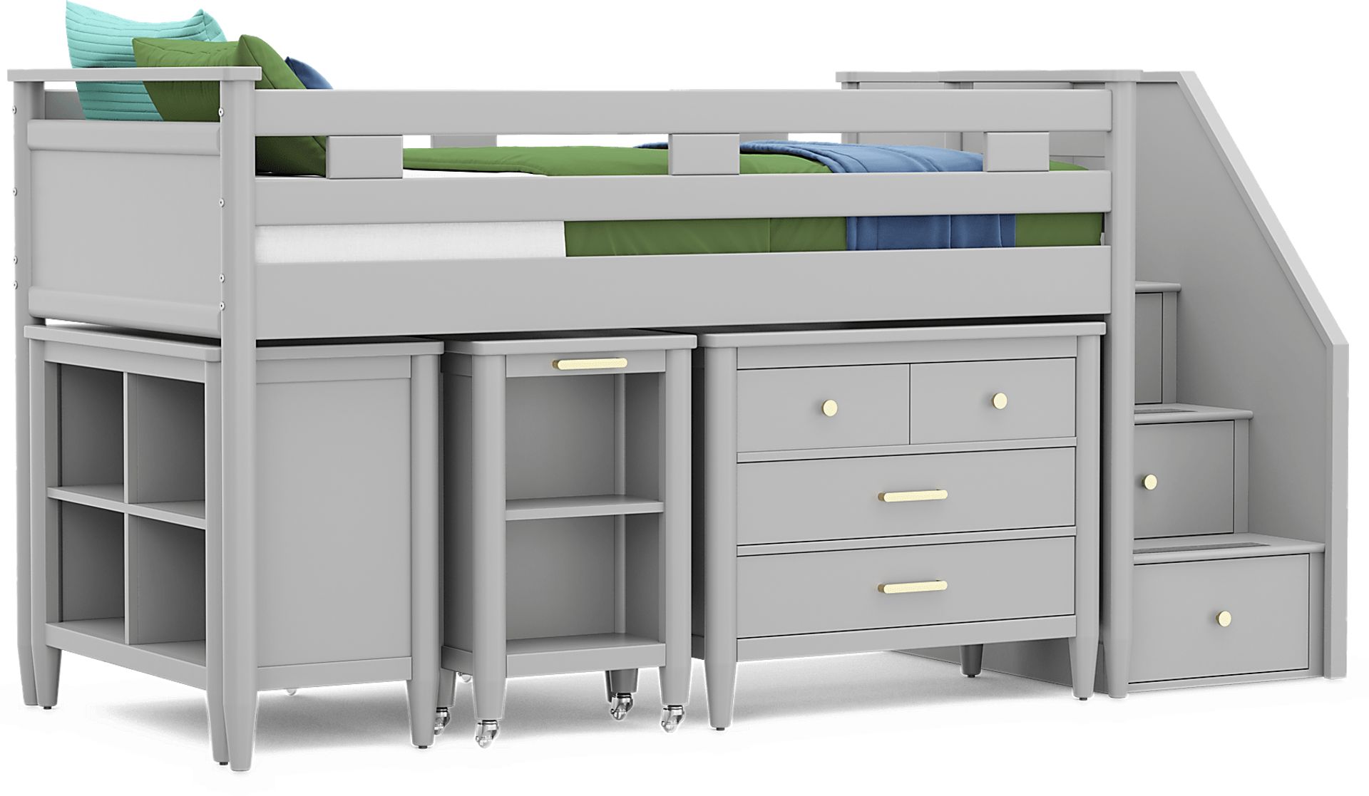 Kids Modern Colors Light Gray Twin Step Loft with Loft Chest, Bookcase and Desk - Image 1