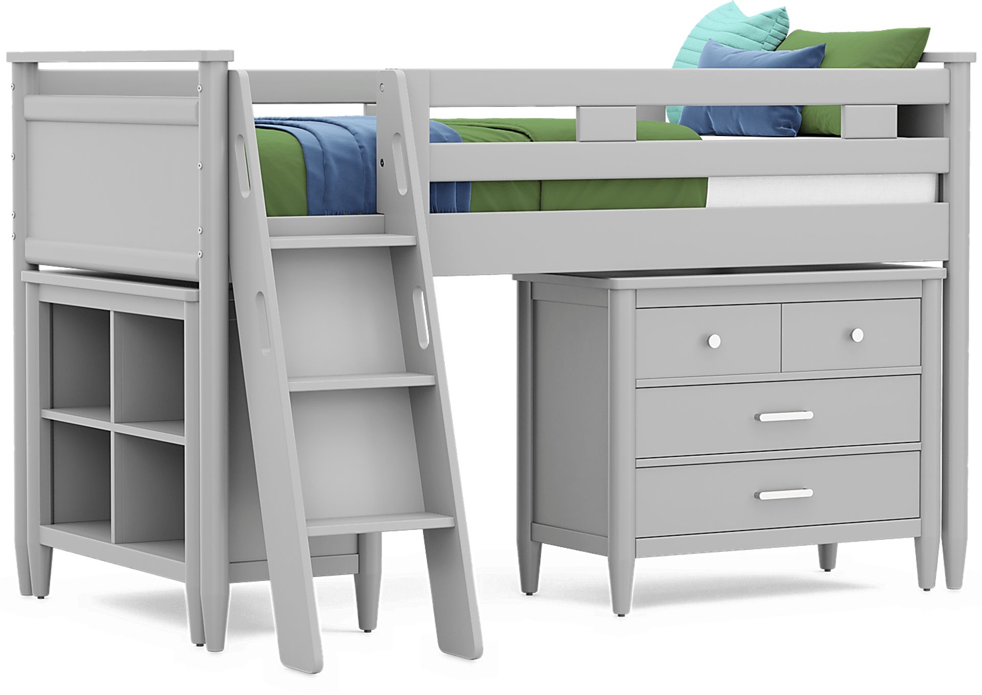 Kids Modern Colors Light Gray Twin Loft with Loft Chest and Bookcase - Image 1