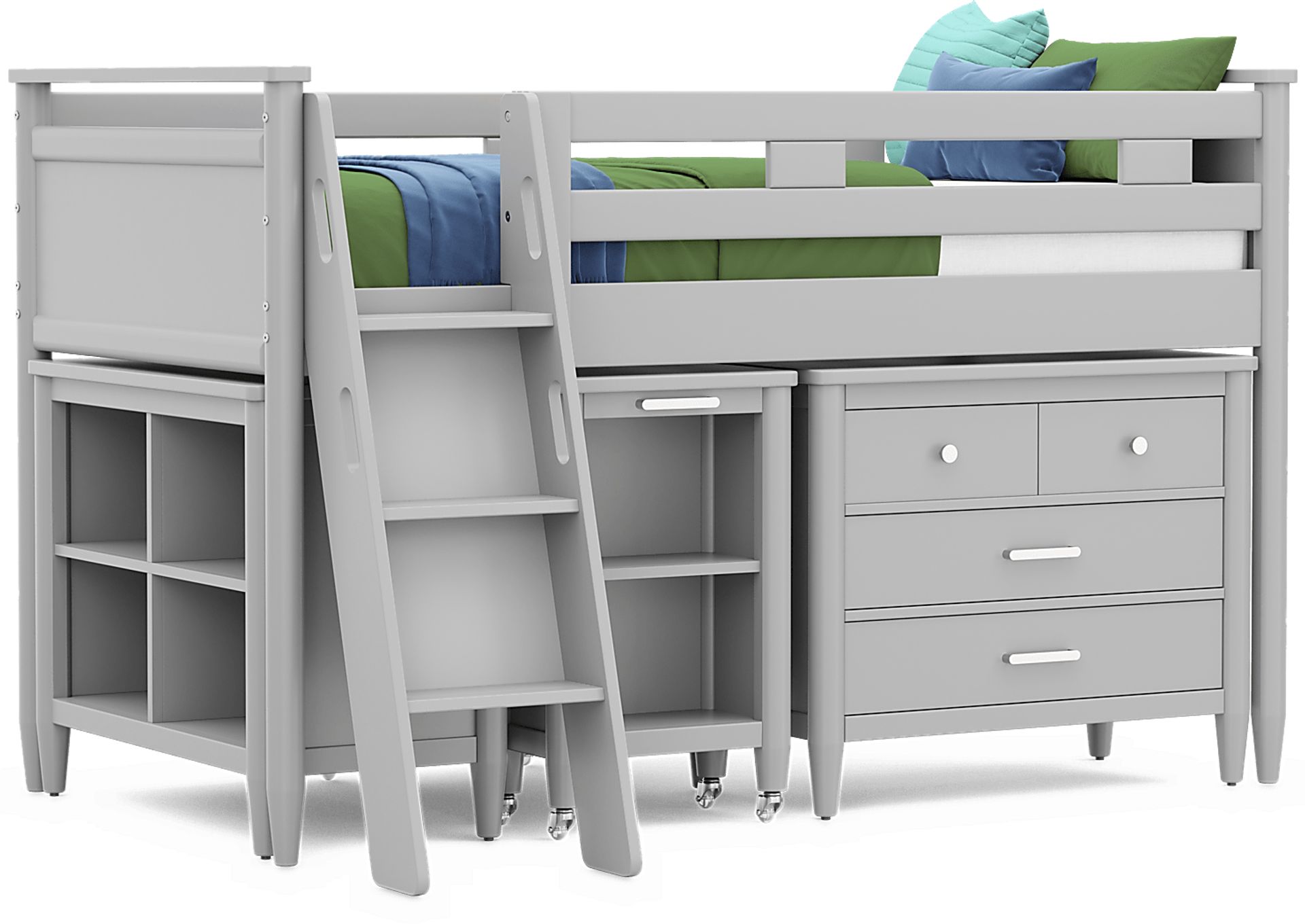 Kids Modern Colors Light Gray Twin Loft with Loft Chest, Bookcase and Desk - Image 1