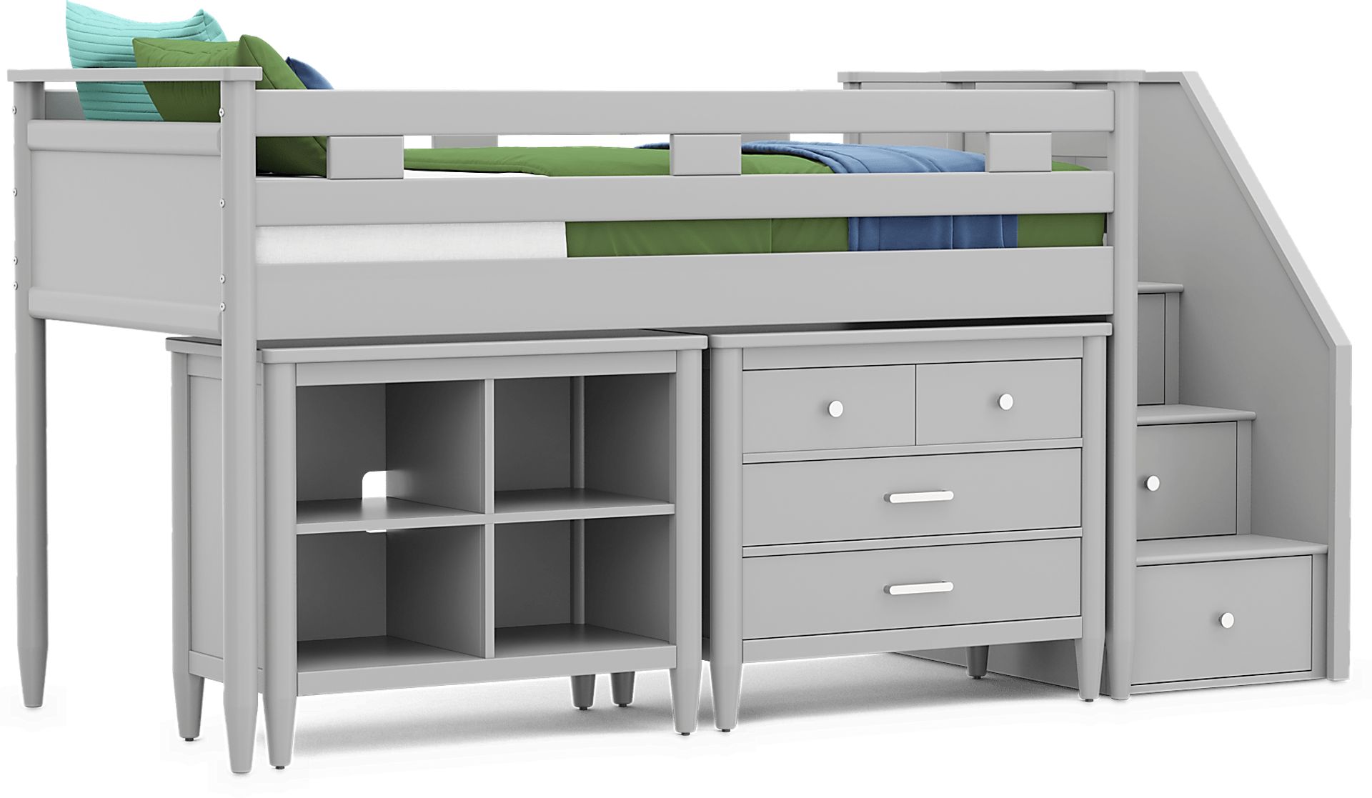 Kids Modern Colors Light Gray Twin Step Loft with Loft Chest and Bookcase - Image 1