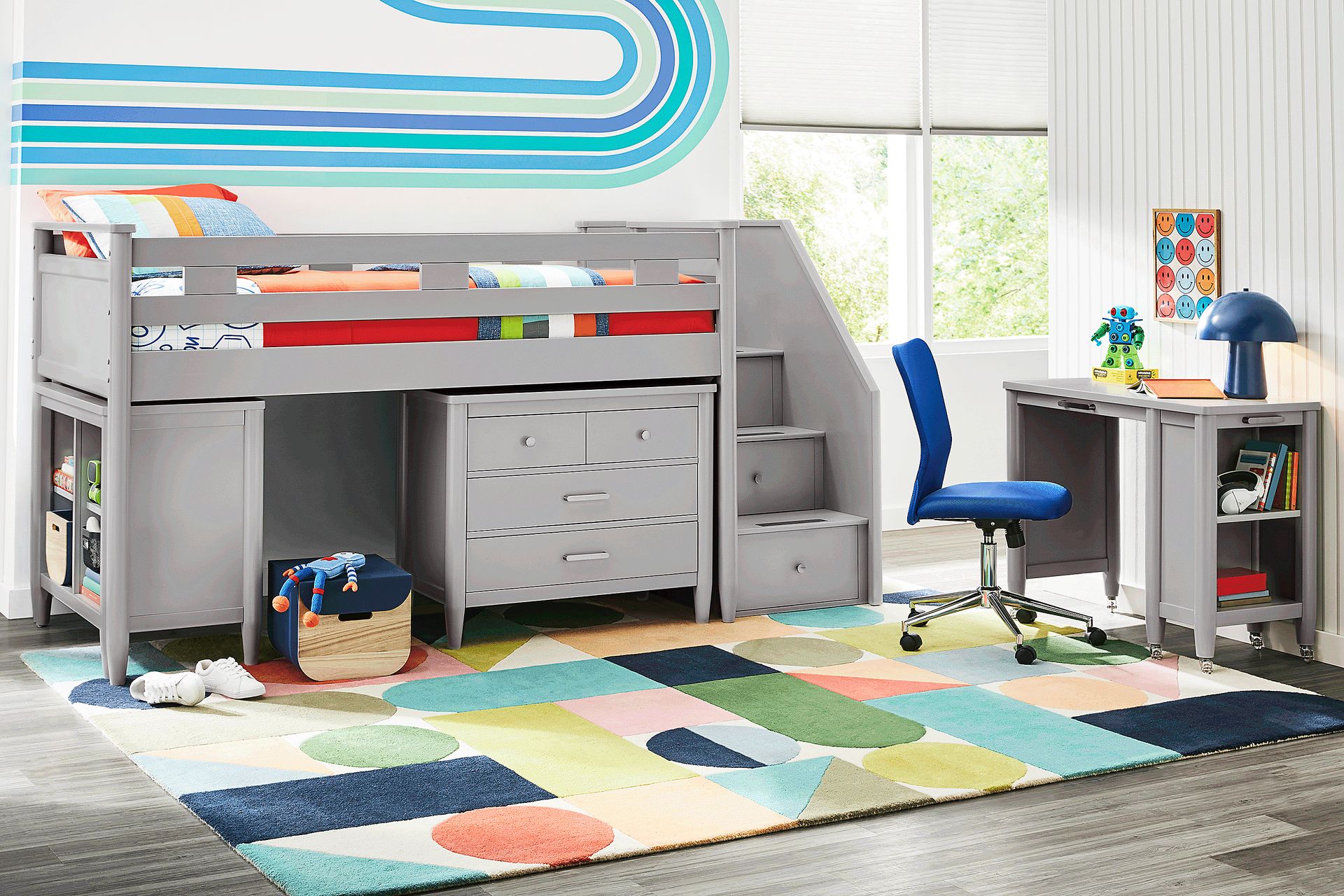Kids Modern Colors Light Gray Twin Step Loft with Loft Chest and Desk - Image 2