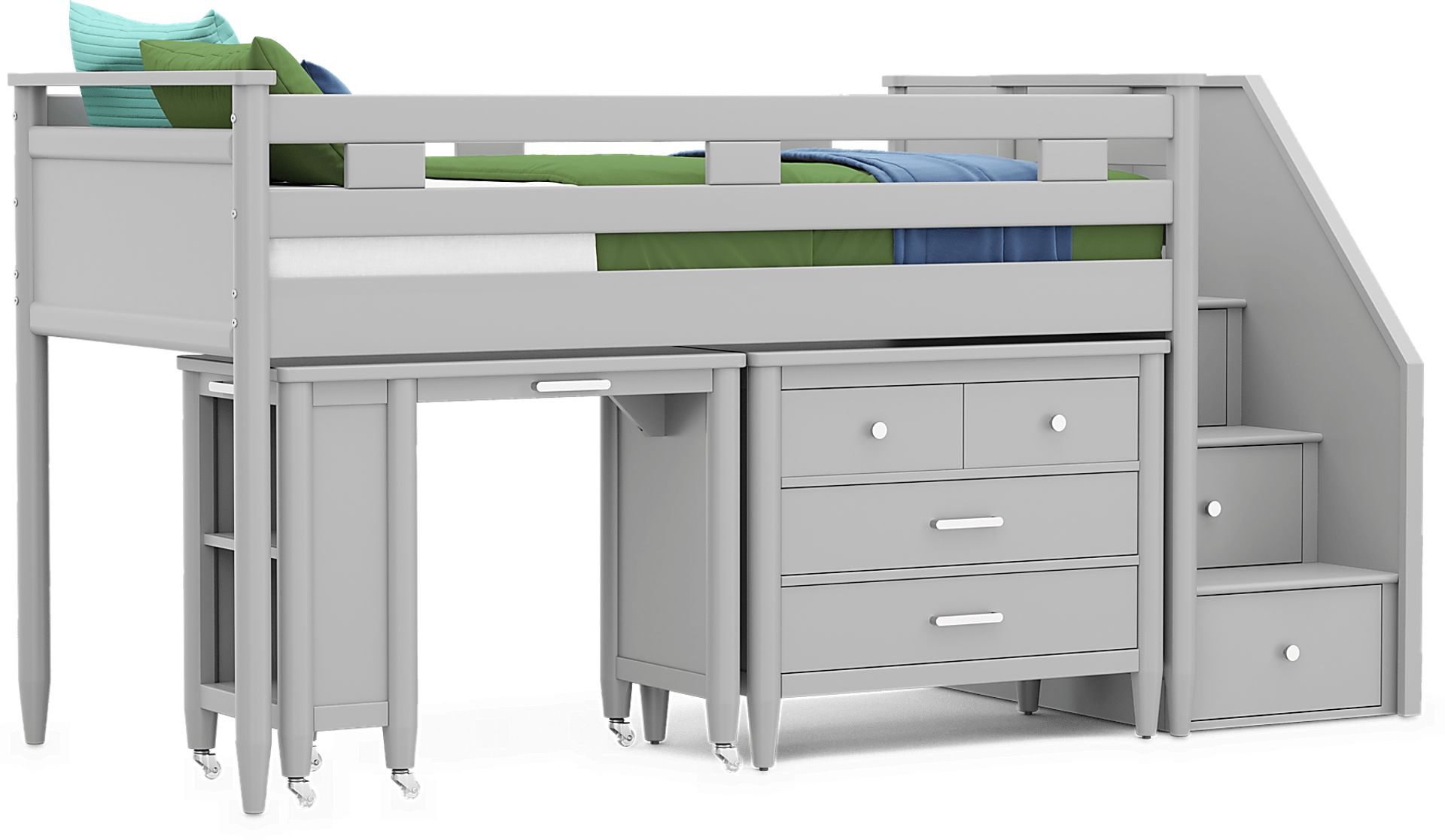 Kids Modern Colors Light Gray Twin Step Loft with Loft Chest and Desk - Image 1