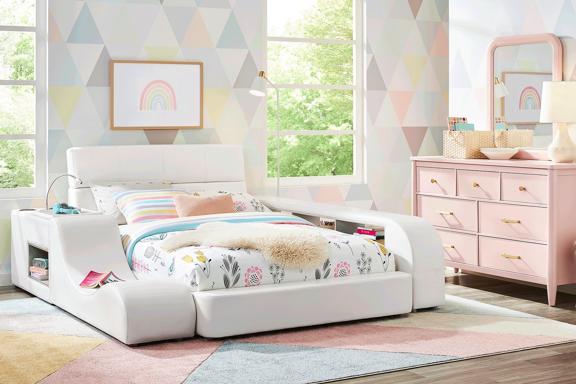 Kids Modern Colors Pink 8 Pc Bedroom with Recharged White Full Bed, Nightstand, Lounger, Bookcase - Image 1