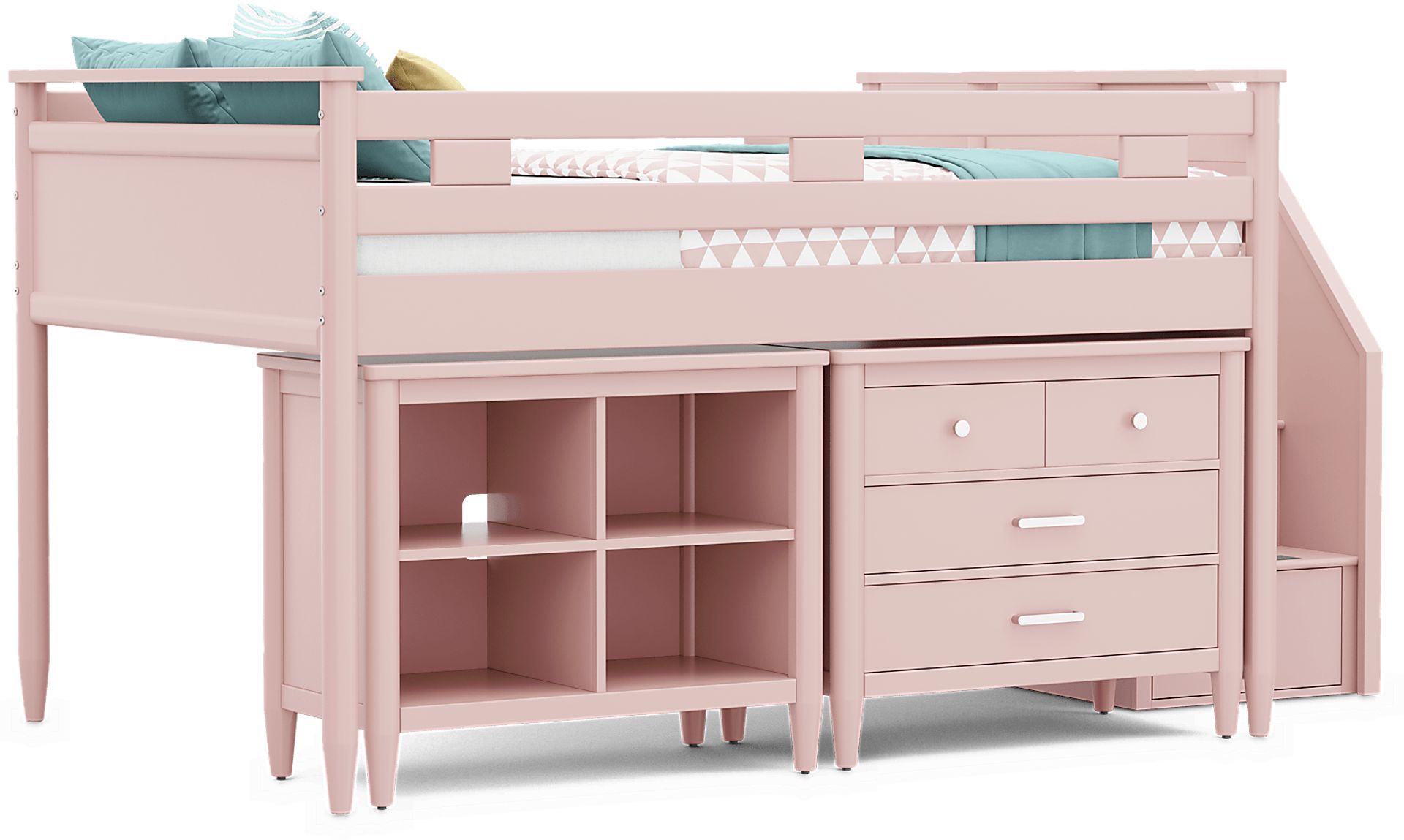Kids Modern Colors Pink Full Step Loft with Loft Chest and Bookcase - Image 1