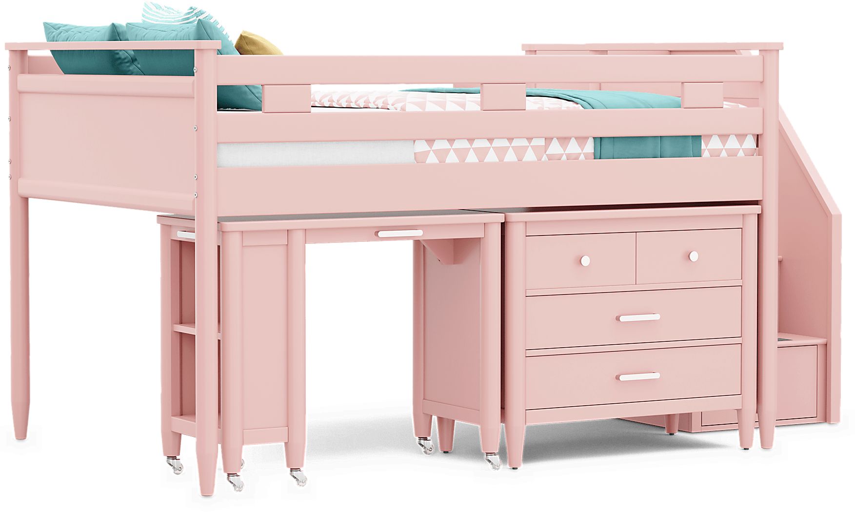 Kids Modern Colors Pink Full Step Loft with Loft Chest and Desk