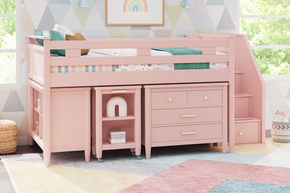 Kids Modern Colors Pink Full Step Loft with Loft Chest, Bookcase and Desk