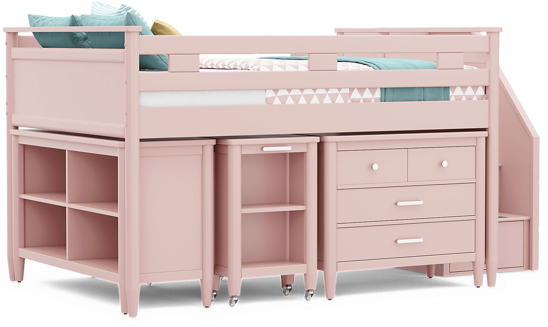 Kids Modern Colors Pink Full Step Loft with Loft Chest, Bookcase and Desk - Image 1