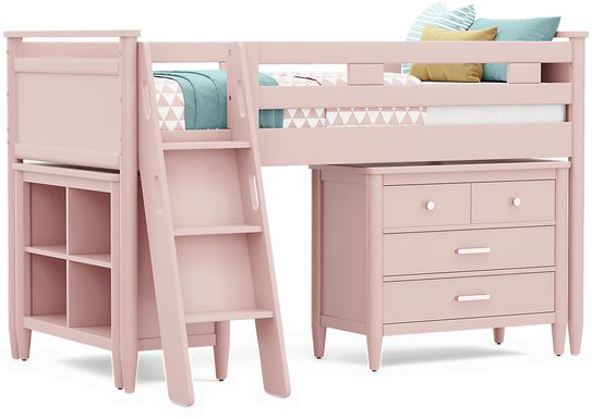 Kids Modern Colors Pink Twin Loft with Loft Chest and Bookcase