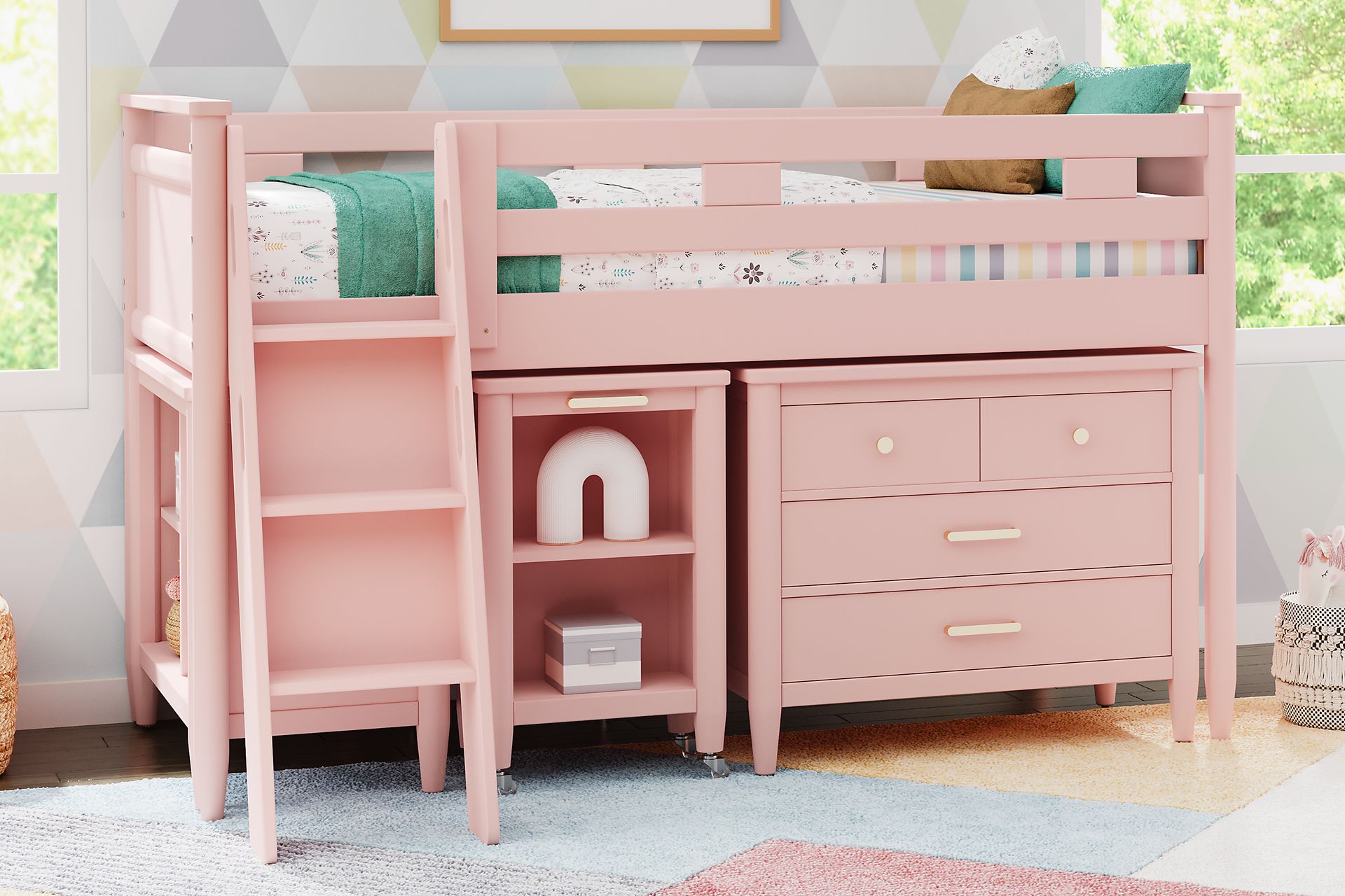 Kids Modern Colors Pink Twin Loft with Loft Chest, Bookcase and Desk - Image 2