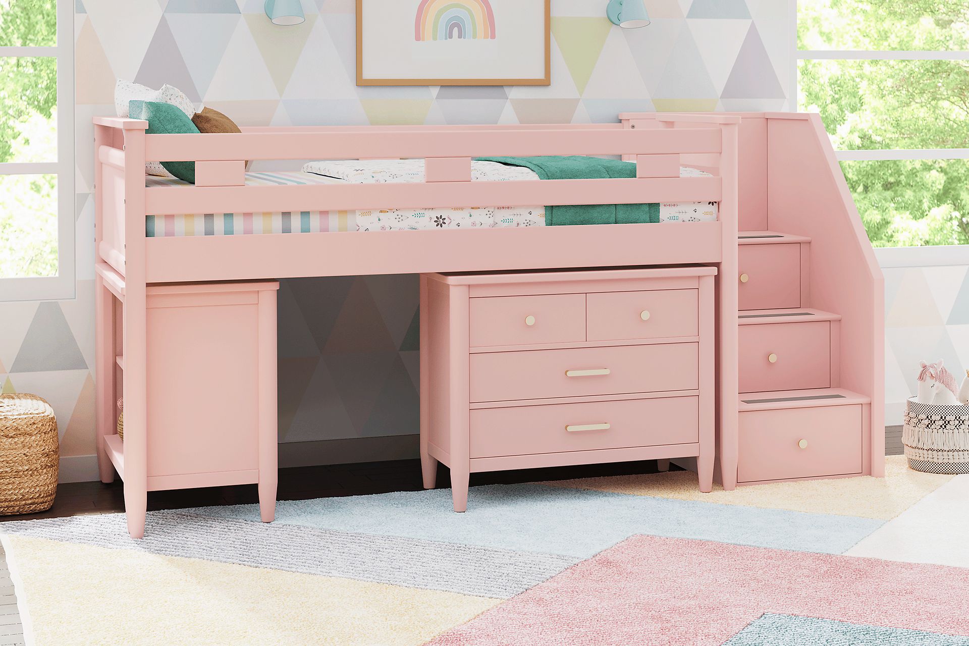 Kids Modern Colors Pink Twin Step Loft with Loft Chest and Bookcase - Image 2