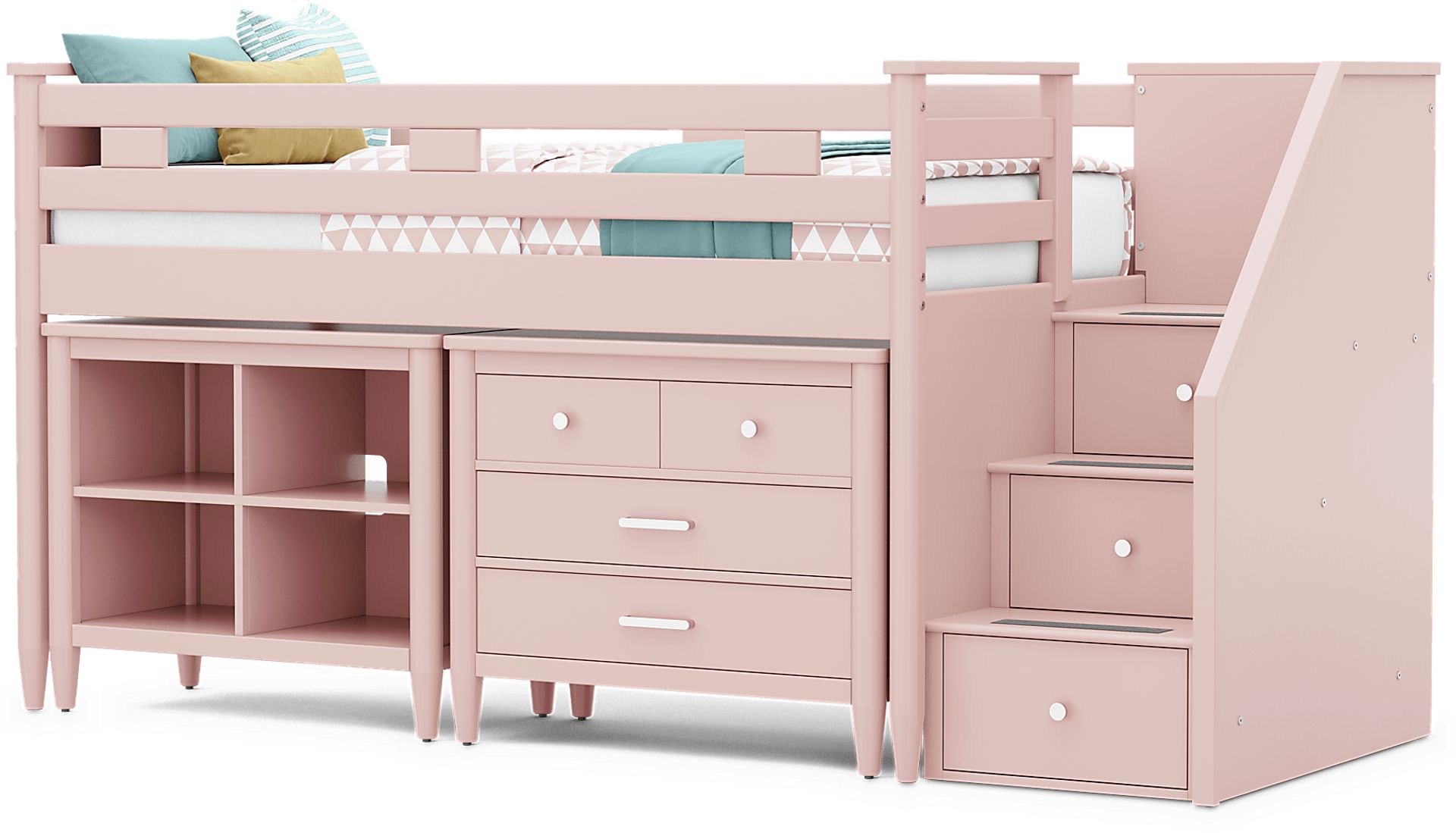 Kids Modern Colors Pink Twin Step Loft with Loft Chest and Bookcase - Image 1