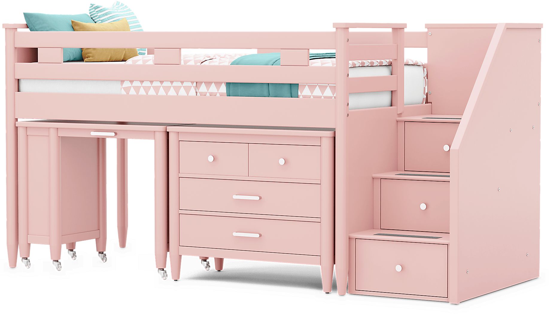 Kids Modern Colors Pink Twin Step Loft with Loft Chest and Desk