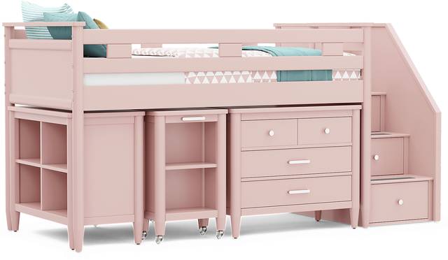 Kids Modern Colors Pink Twin Step Loft with Loft Chest, Bookcase and Desk - Thumbnail - Image 1