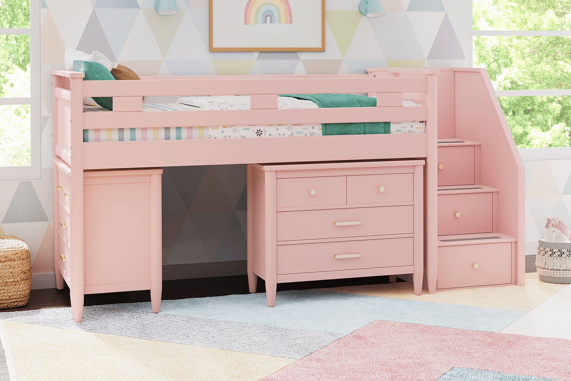 Kids Modern Colors Pink Twin Step Loft with Loft Chests - Image 2