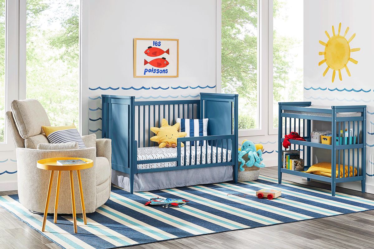 Modern Colors 3 Pc Slate Blue Bedroom Set With Crib, Changing Table, Toddler Rail