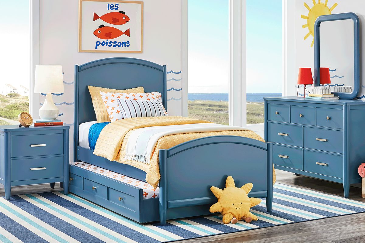 Modern Colors 5 Pc Slate Blue Twin Bedroom Set With Mirror, 3 Pc Twin