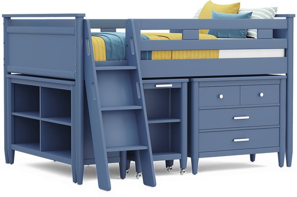 Kids Modern Colors Slate Blue Full Loft Bed with Loft Chest, Bookcase and Desk