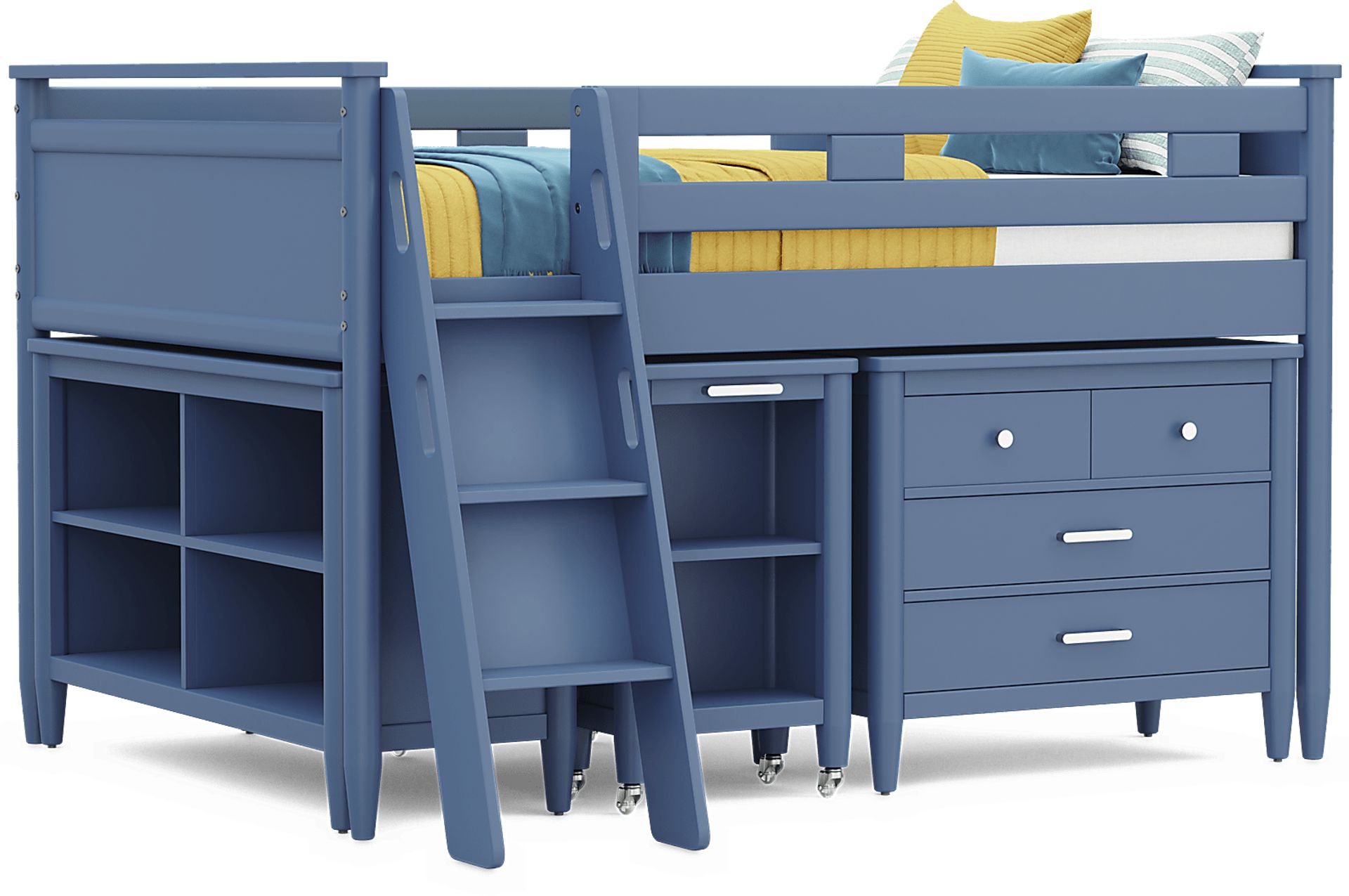 Kids Modern Colors Slate Blue Full Loft Bed with Loft Chest, Bookcase and Desk - Image 1
