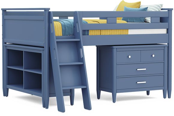 Kids Modern Colors Slate Blue Full Loft with Loft Chest and Bookcase