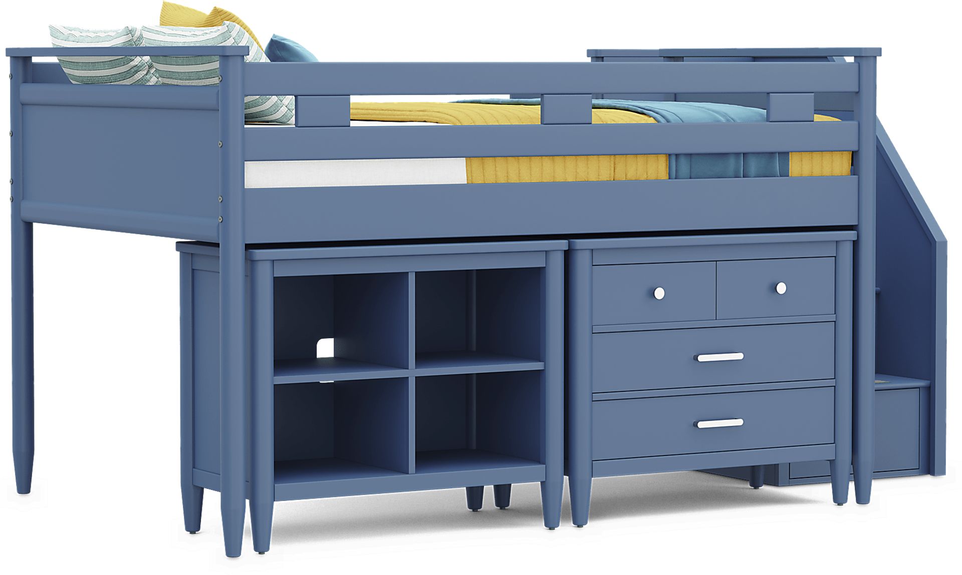 Kids Modern Colors Slate Blue Full Step Loft with Loft Chest and Bookcase - Image 1