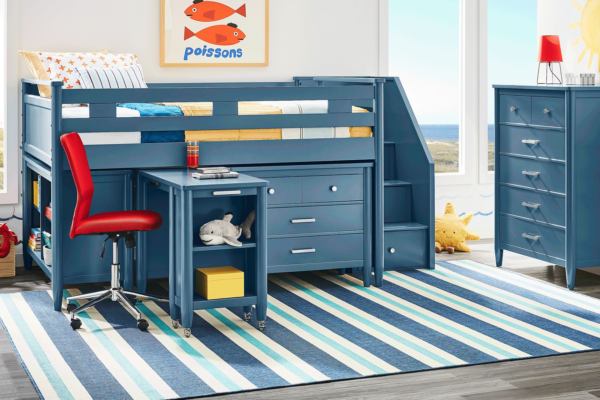 Kids Modern Colors Slate Blue Full Step Loft with Loft Chest and Desk - Image 2