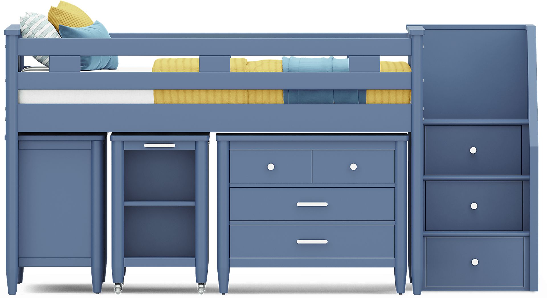 Kids Modern Colors Slate Blue Full Step Loft with Loft Chest, Bookcase and Desk - Image 3