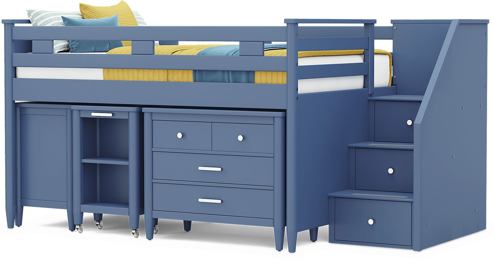 Kids Modern Colors Slate Blue Full Step Loft with Loft Chest, Bookcase and Desk - Image 4