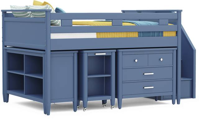 Kids Modern Colors Slate Blue Full Step Loft with Loft Chest, Bookcase and Desk - Thumbnail - Image 1