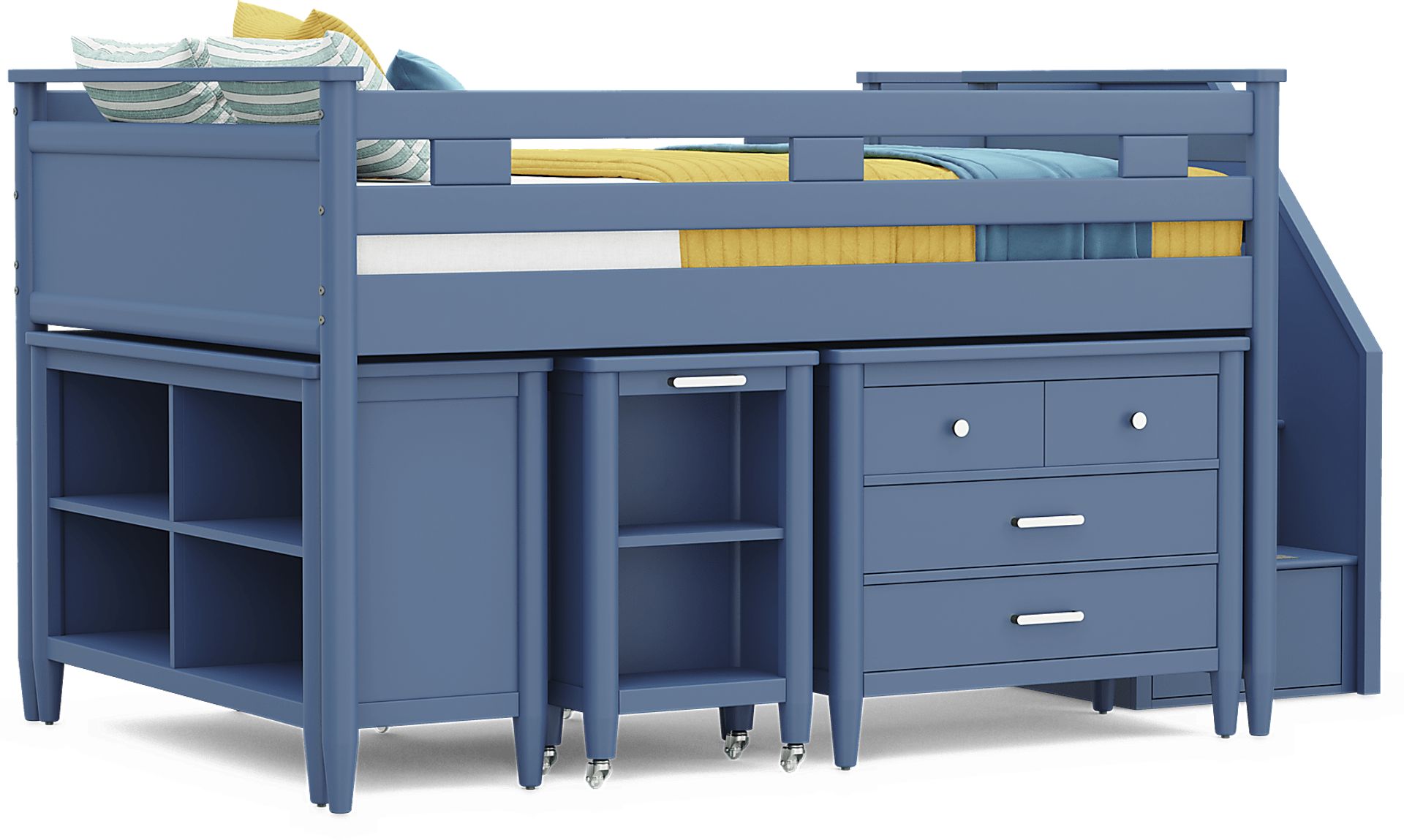 Kids Modern Colors Slate Blue Full Step Loft with Loft Chest, Bookcase and Desk - Image 1