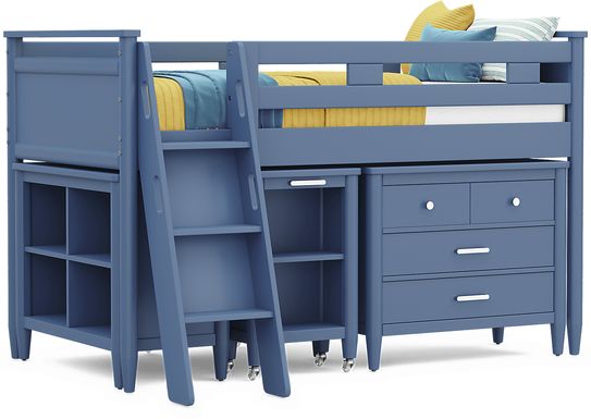 Kids Modern Colors Slate Blue Twin Loft with Loft Chest, Bookcase and Desk