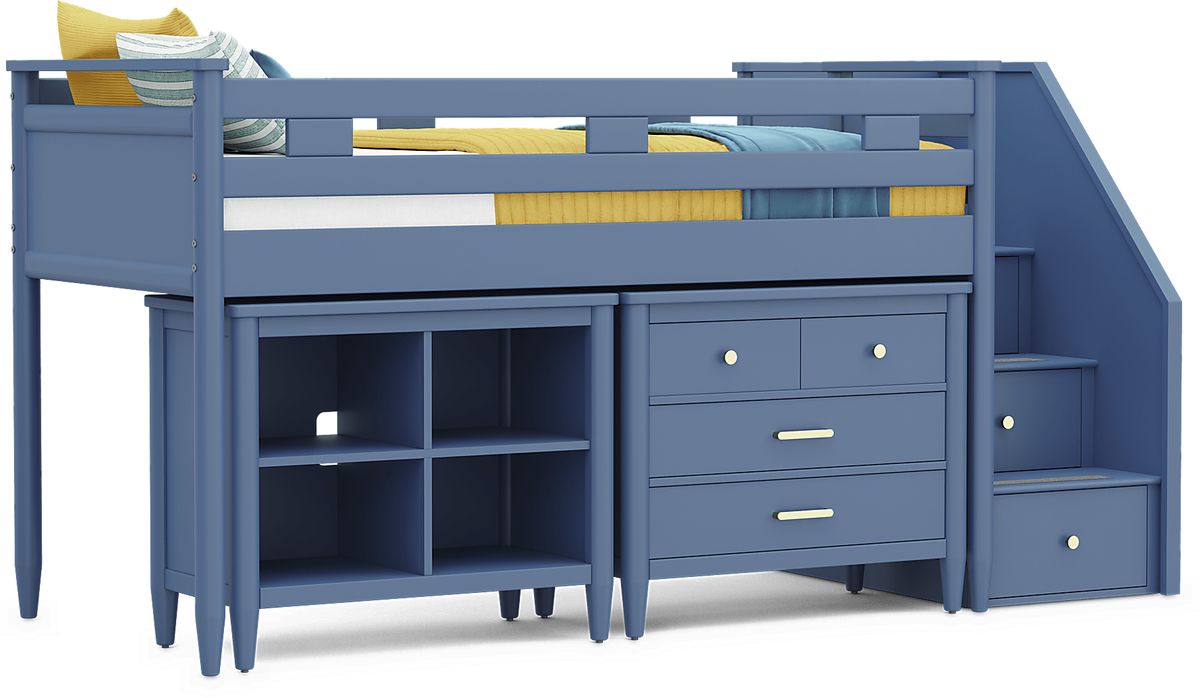 Modern Colors Slate Blue Twin Step Loft with Bookcase & Chest | Rooms to Go