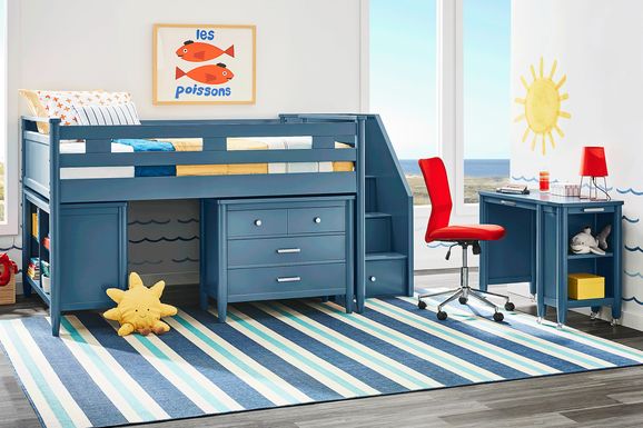 Kids Modern Colors Slate Blue Twin Step Loft with Loft Chest and Bookcase