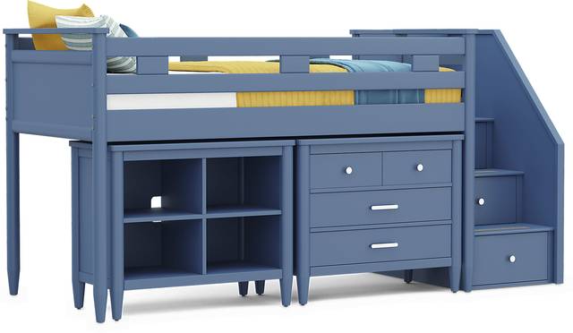 Kids Modern Colors Slate Blue Twin Step Loft with Loft Chest and Bookcase - Thumbnail - Image 1