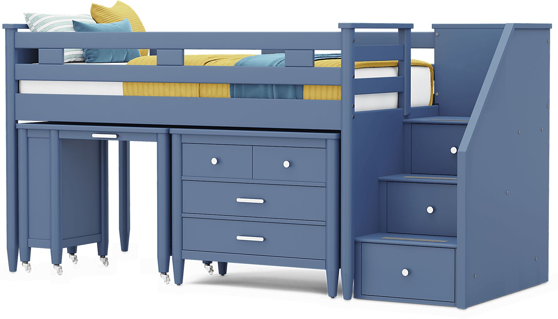 Kids Modern Colors Slate Blue Twin Step Loft with Loft Chest and Desk