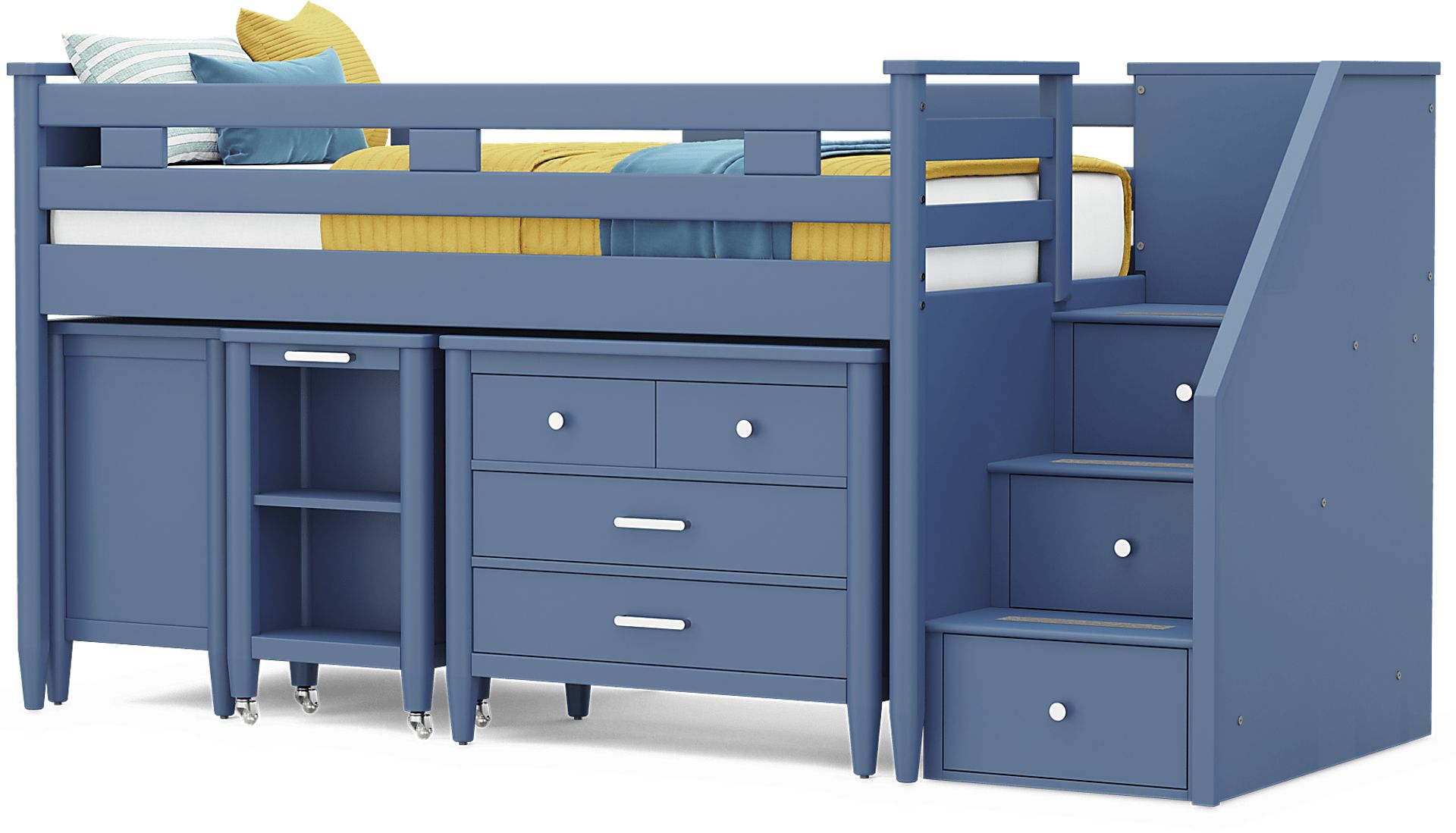 Kids Modern Colors Slate Blue Twin Step Loft with Loft Chest, Bookcase and Desk - Image 4