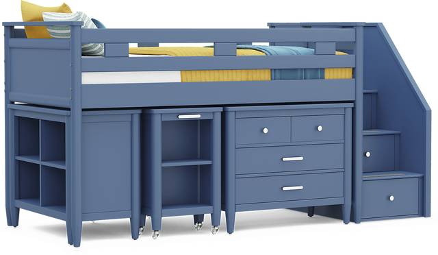Kids Modern Colors Slate Blue Twin Step Loft with Loft Chest, Bookcase and Desk - Thumbnail - Image 1