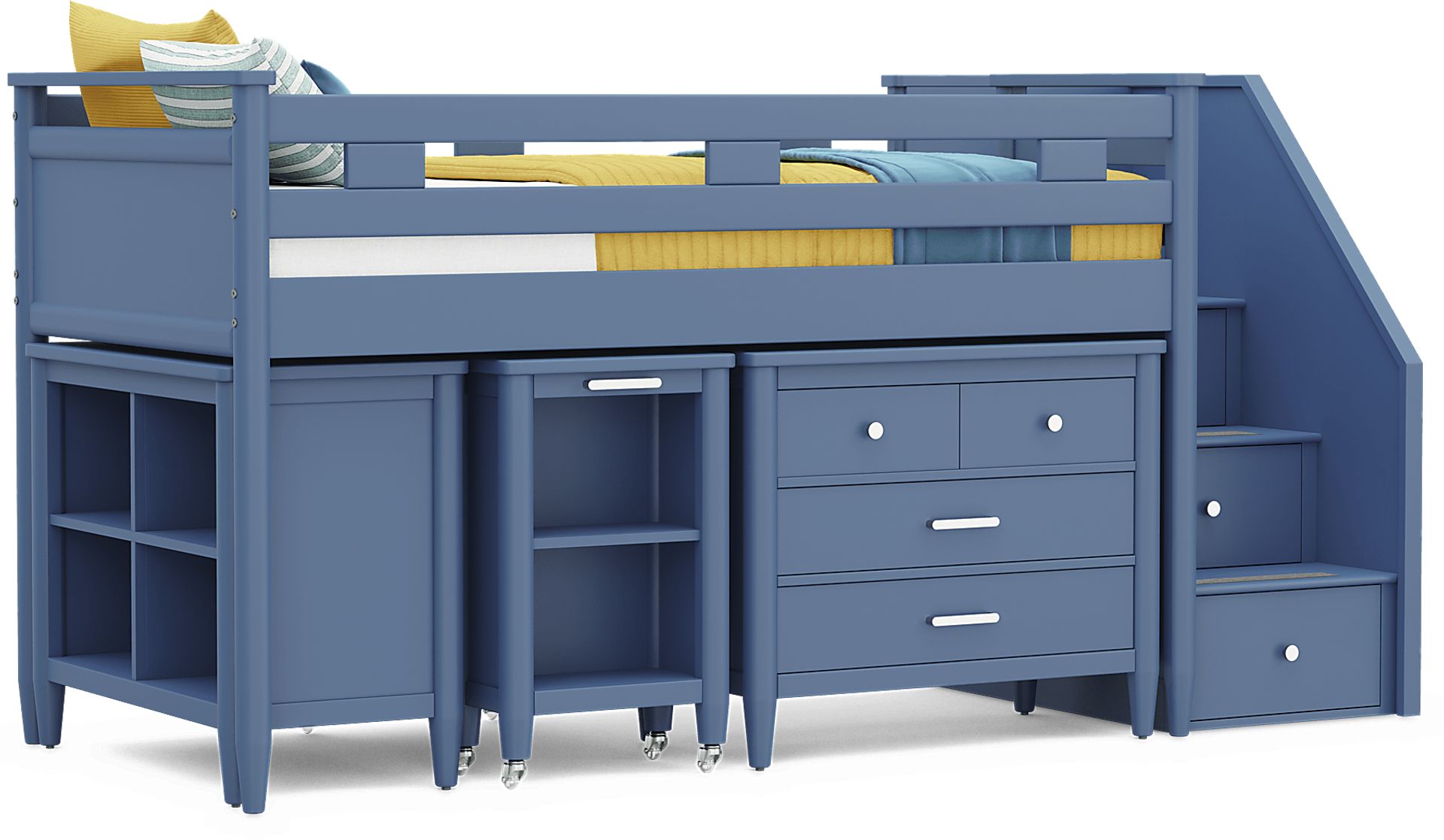 Kids Modern Colors Slate Blue Twin Step Loft with Loft Chest, Bookcase and Desk - Image 1