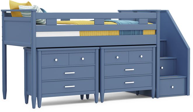 Kids Modern Colors Slate Blue Twin Step Loft with Loft Chests