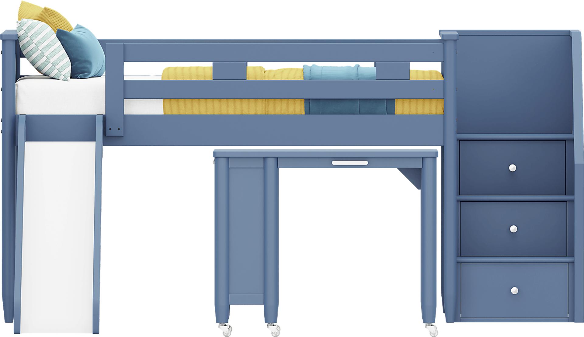 Kids Modern Colors Slate Blue Twin Step Loft with Slide and Desk