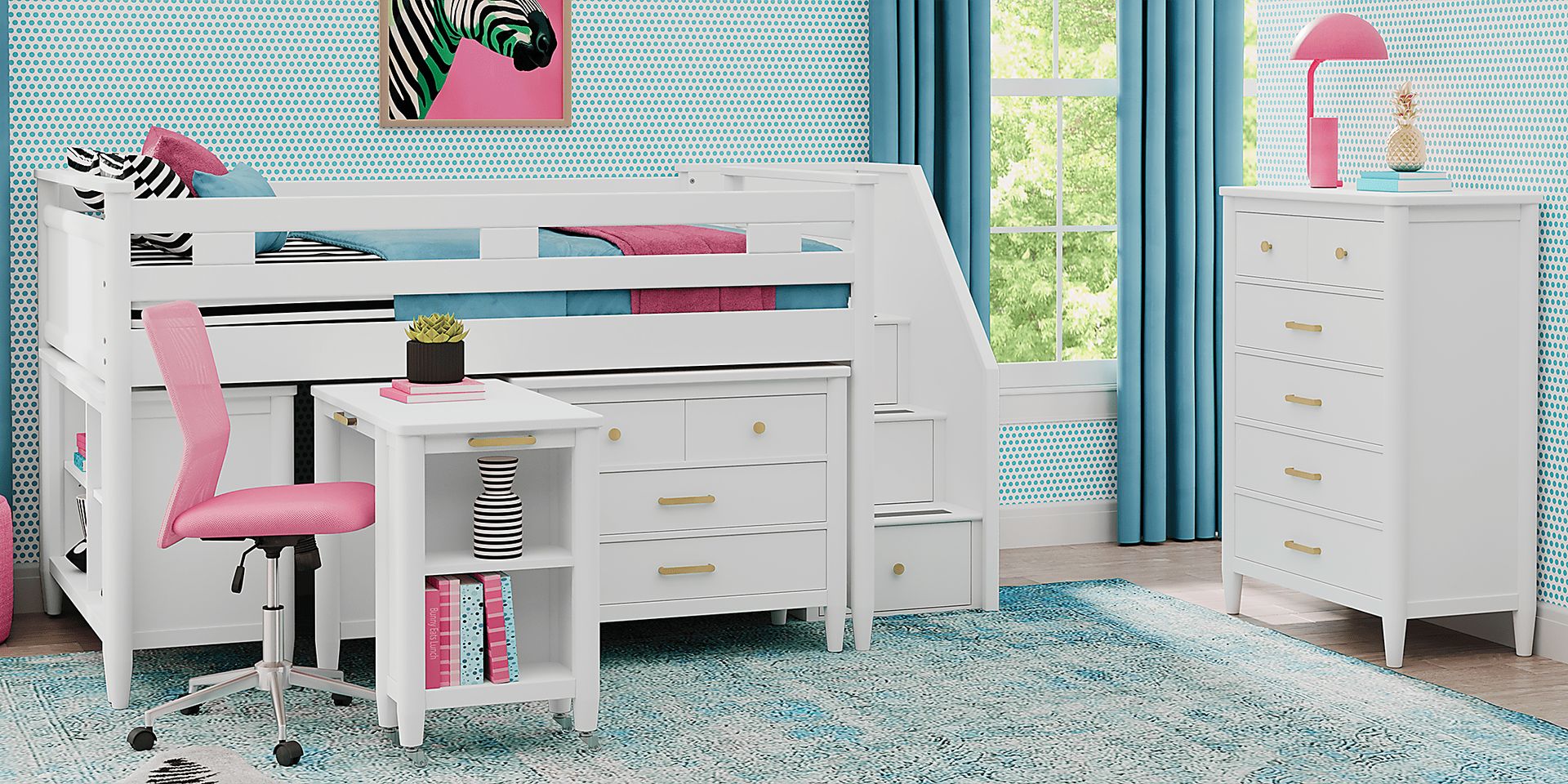 Kids Modern Colors White Twin Step Loft with Loft Chest, Bookcase and Desk - Image 3