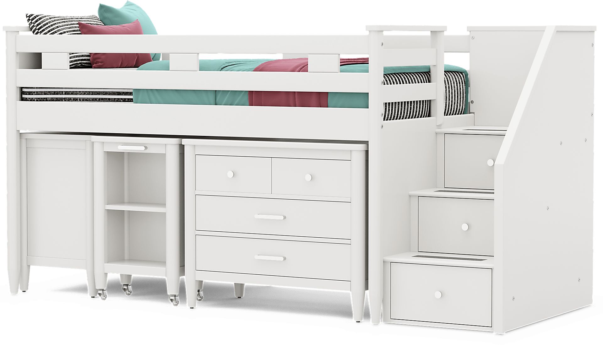 Kids Modern Colors White Twin Step Loft with Loft Chest, Bookcase and Desk - Image 4