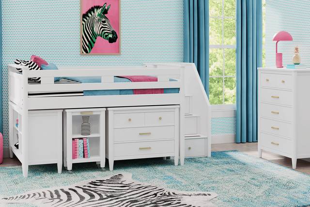 Kids Modern Colors White Twin Step Loft with Loft Chest, Bookcase and Desk - Thumbnail - Image 2