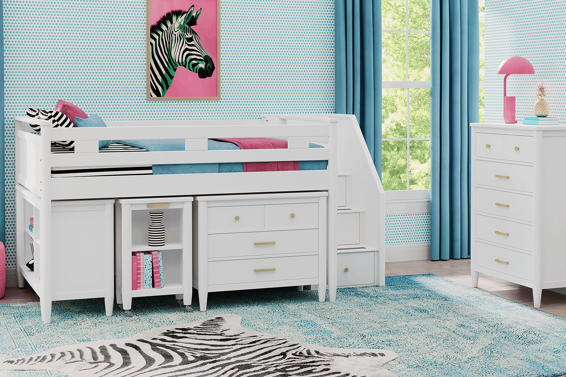 Kids Modern Colors White Twin Step Loft with Loft Chest, Bookcase and Desk - Image 2