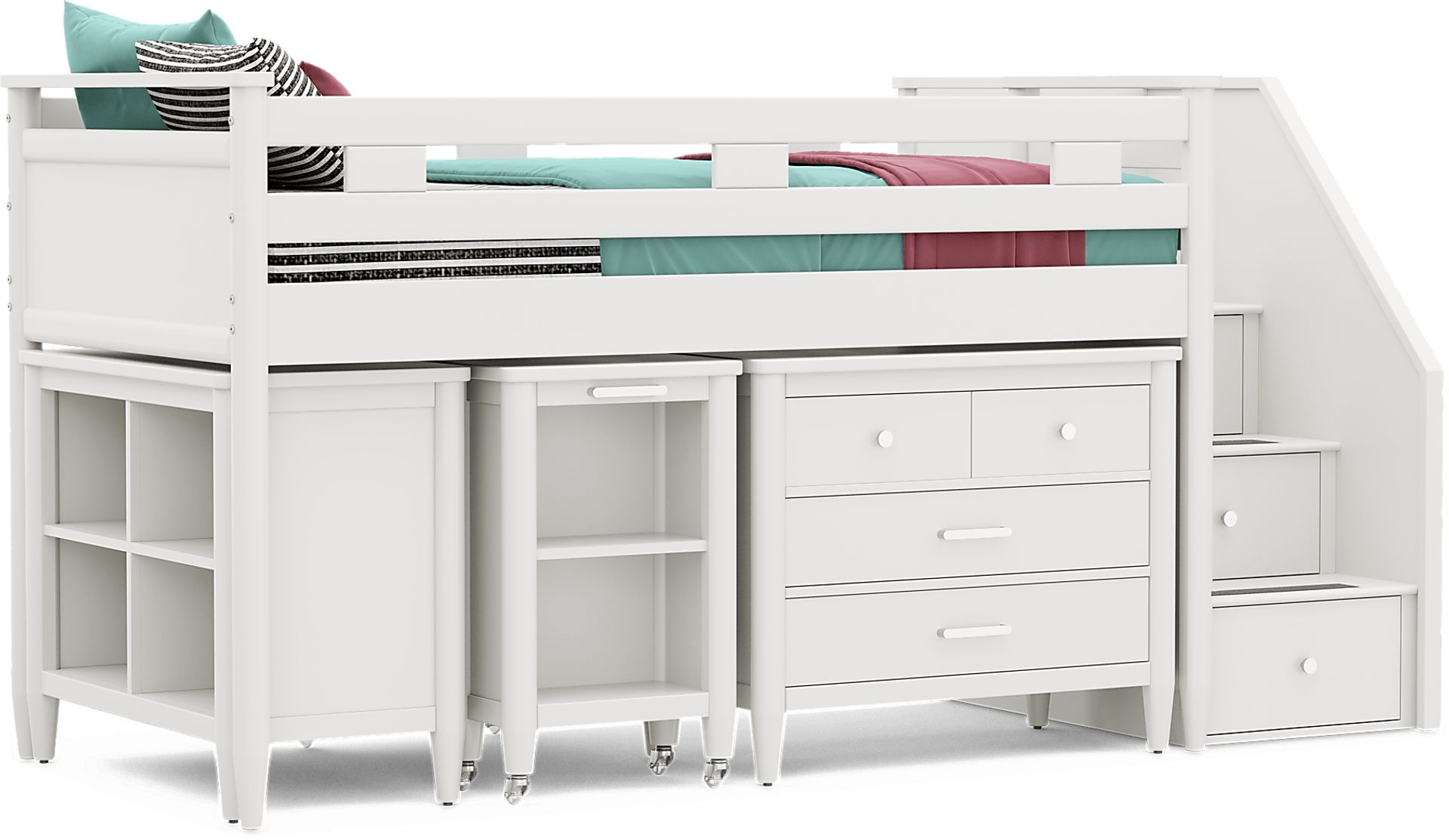 Kids Modern Colors White Twin Step Loft with Loft Chest, Bookcase and Desk - Image 1