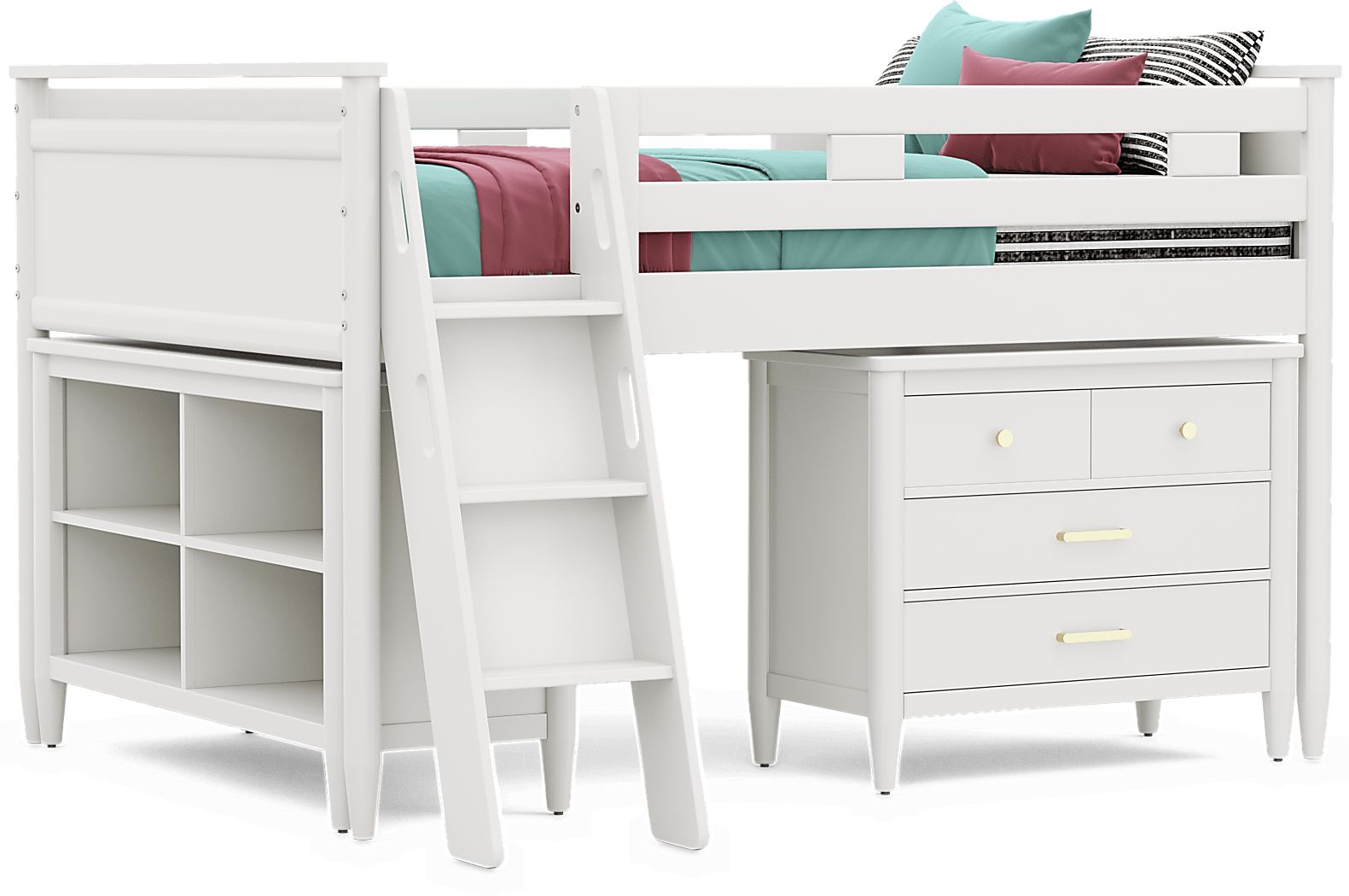 Kids Modern Colors White Full Loft with Loft Chest and Bookcase