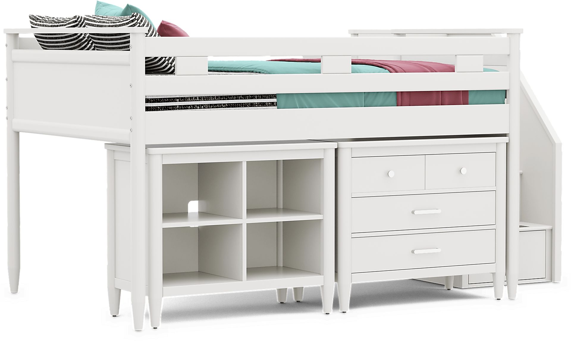 Kids Modern Colors White Full Step Loft with Loft Chest and Bookcase - Image 1